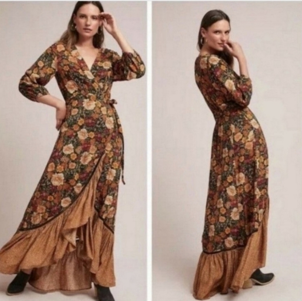 FARM Rio Madrid Floral Wrap Maxi Dress in Rust, Mustard & Olive - Picture 2 of 4